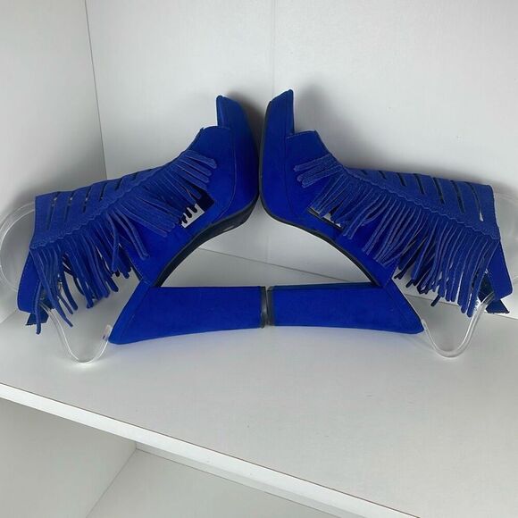 Cobalt Blue Suede Fringe Slingback Platform Sandals 7 - Picture 9 of 13